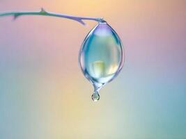 Macro Shot of a Water Droplet Hanging from a Branch with Colorful Background photo