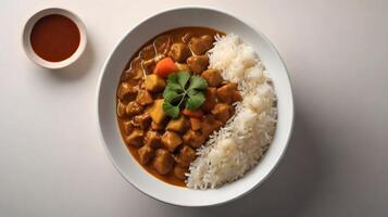 Aromatic Vegan Curry with Rice and Spicy Dipping Sauce photo
