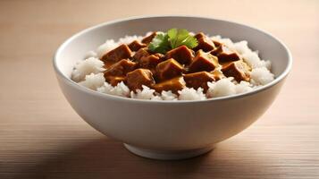 Savory curry cubes over fluffy rice in a white bowl, garnished with cilantro. photo