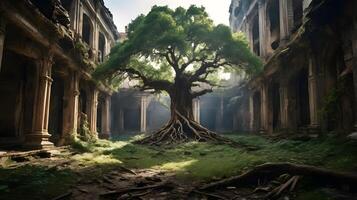 Ancient Tree's Embrace, Nature Reclaims Ruined Architecture with Verdant Life photo