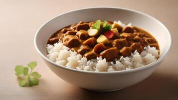 Delicious Japanese Curry Rice with Garnishes in a White Bowl photo