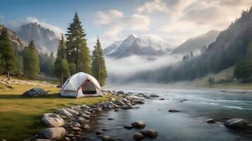 Riverside Camping Adventure, Tent by Misty Mountains and Flowing River photo