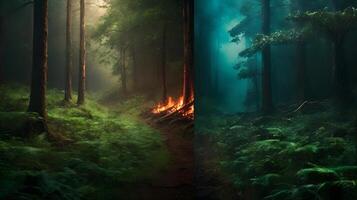 two images of a forest with a fire in the middle photo