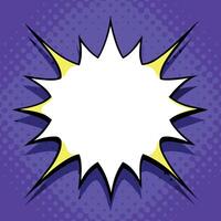 Pop art comic style explosion speech bubble with a blank white space and dynamic burst shape set against a vibrant purple halftone dot pattern background vector