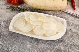 A white dish with sliced potatoes and herbs photo