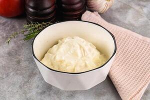 A bowl of cream sitting on a table next to garlic and tomatoes photo