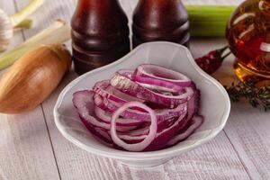 A bowl of sliced onions on a table next to a bottle of ketchup photo