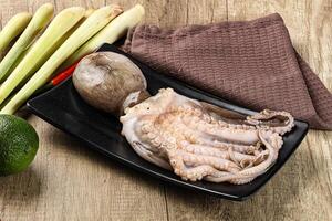 A black plate with an octopus and some vegetables photo
