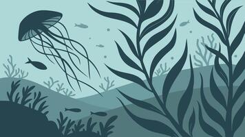 Underwater scene with a jellyfish and fish swimming among diverse aquatic plants and seaweed in a beautiful ocean environment vector