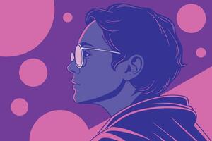 Pensive Young Person in Profile with Modern Eyewear Against a Vibrant Abstract Background in Purple and Pink Digital Art vector