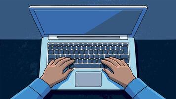 Person working on a laptop at night from an overhead view illustrating remote work and online productivity in a dimly lit setting vector
