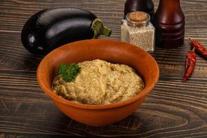 A bowl of hummus with some spices and eggplant photo