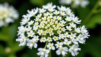 close up view of a queen anne's lace bloom, forming a delicate white umbrella of tiny clustered flowers. photo