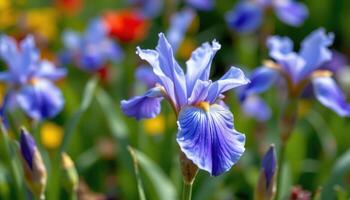 close up view of a dutch iris bloom with silky blue petals arching gracefully. photo