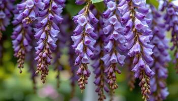 close up view of a wisteria raceme cascading downward with fragrant violet blossoms. photo