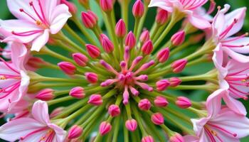 close up view of a milkweed bloom cluster with fragrant pink flowers and intricate central structures. photo