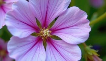 close up view of a wild geranium bloom with five delicate lavender petals and prominent stamens. photo