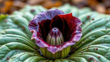 close up view of a skunk cabbage flower emerging in early spring with a striking maroon hood. photo