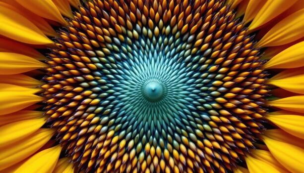close up view of a sunflower's central disk showing perfectly aligned seeds surrounded by glowing yellow petals. photo