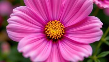 close up view of a magenta cosmos flower, its yellow center bursting with geometric symmetry. photo
