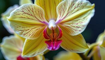close up view of an exotic orchid with complex shapes and intense tropical colors. photo