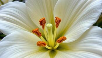 close up view of a freshly opened white lily, with pollen covered stamens and smooth pristine petals. photo