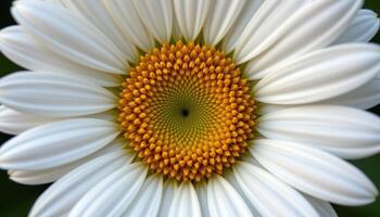 close up view of a classic daisy with crisp white petals and a warm golden center disk. photo
