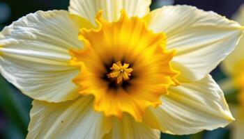 close up view of a bright yellow daffodil, its trumpet center facing upward with radiant charm. photo