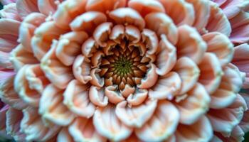 close up view of a coral ranunculus flower tightly packed with concentric soft petals. photo