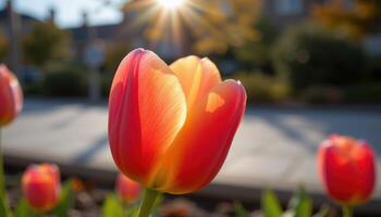 close up view of a tulip basking in morning sun, its interior shadows revealing fine detail. photo