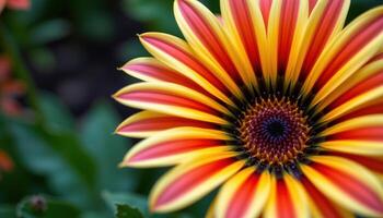 close up view of a gazania flower with striped petals in bold yellows and reds radiating from a dark center. photo