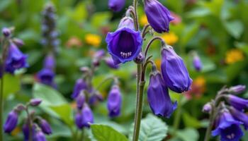 close up view of monkshood with deep blue hooded blooms standing tall and ominous. photo
