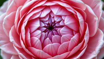 close up view of a pink ranunculus bloom with layers upon layers of paper thin petals forming a soft dome. photo