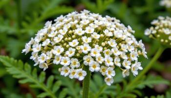 close up view of a yarrow bloom forming a flat topped cluster of tiny white flowers above fernlike leaves. photo