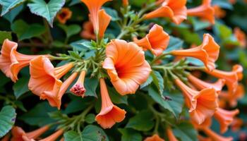 close up view of trumpet vine flowers in deep orange, with tubular blooms curling outward in dynamic motion. photo