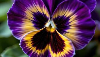 close up view of a violet pansy with velvet textured petals and deep purple and yellow gradients in its face. photo