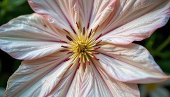 close up view of a clematis bloom with star like petals radiating out from a tangle of vibrant stamens. photo