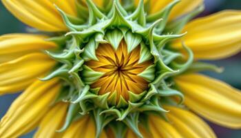 close up view of sunflower buds just before opening, with green sepals curled tightly around golden petals. photo