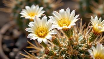 close up view of desert cactus flowers blooming in contrast to their spiny stems in bright sunlight. photo