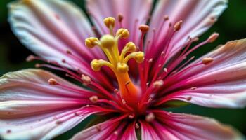 close up view of spider flower stamens projecting outward like delicate fireworks. photo