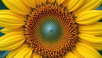 close up view of a radiant sunflower head filled with tightly packed seeds and bright golden petals stretching outward in full symmetry. photo