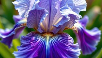 close up view of a violet iris in full bloom, its ruffled edges and delicate veins catching subtle shades of blue and gold. photo