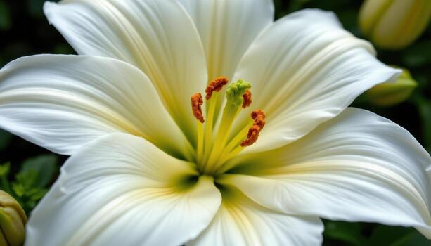close up view of a creamy white lily with broad petals opened wide, revealing its elegant stamen covered in golden pollen. photo
