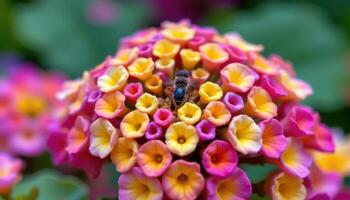 close up view of a lantana bloom made up of small, multicolored flowers tightly packed in a rounded head. photo