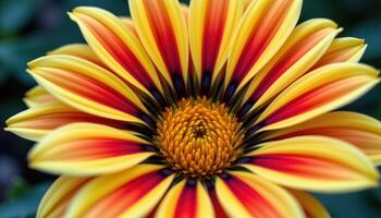 close up view of a gazania flower with vivid striped petals in hues of yellow, red, and orange. photo