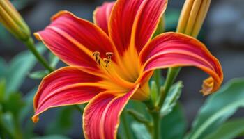 close up view of a gloriosa lily with vivid red and yellow petals curling back dramatically. photo