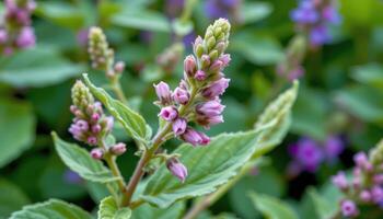 close up view of flowering sage with tubular blossoms emerging from velvety calyxes. photo