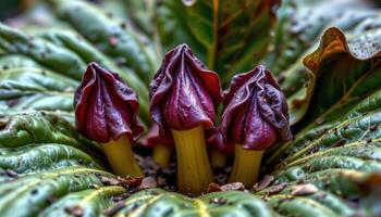 close up view of skunk cabbage early blooms with hooded maroon shapes piercing leaf litter. photo