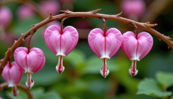 close up view of bleeding heart flowers shaped like delicate pink hearts dripping white tears. photo