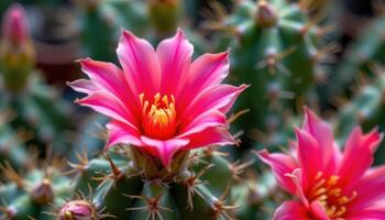 close up view of cactus flowers blooming briefly, with dramatic hot pink petals. photo
